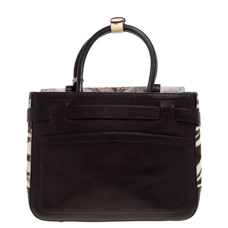 Pre Owned Reed Krakoff Dark Brown/Beige Zebra Print Calfhair and Leather Boxer Tote