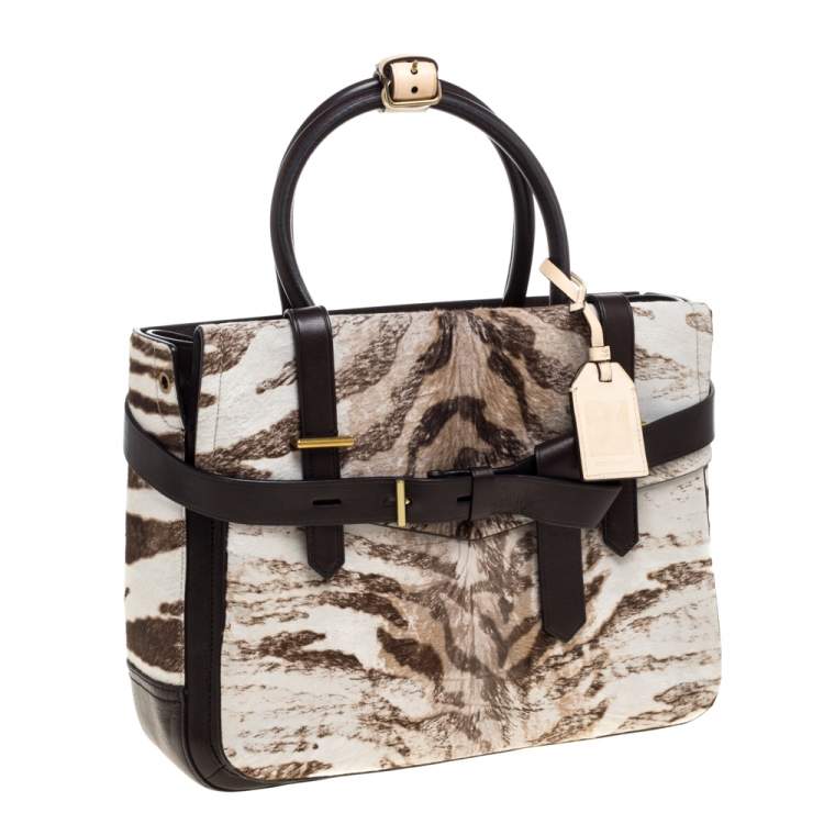 Pre Owned Reed Krakoff Dark Brown/Beige Zebra Print Calfhair and Leather Boxer Tote
