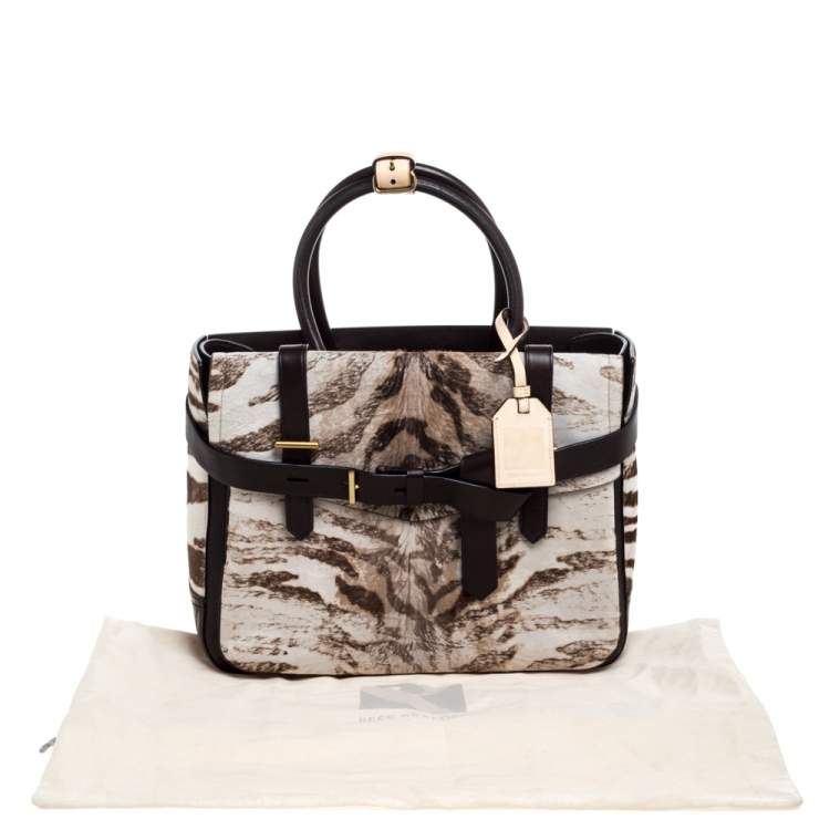 Pre Owned Reed Krakoff Dark Brown/Beige Zebra Print Calfhair and Leather Boxer Tote