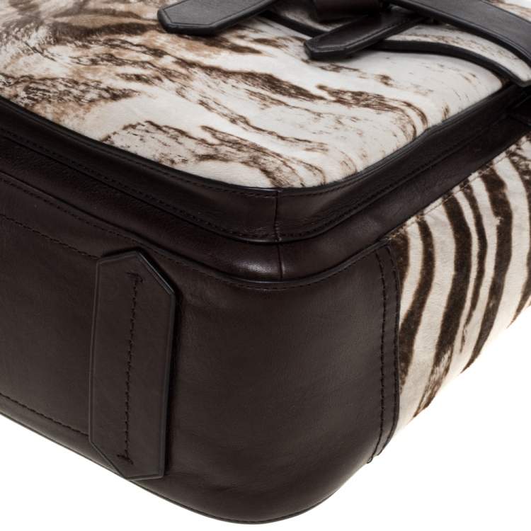 Pre Owned Reed Krakoff Dark Brown/Beige Zebra Print Calfhair and Leather Boxer Tote