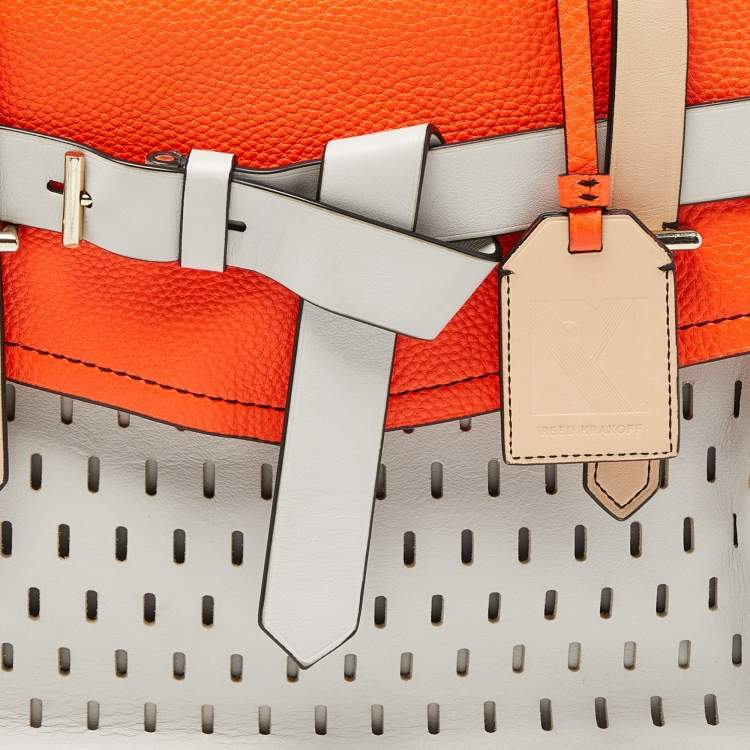 Pre Owned Reed Krakoff Orange/Off White Leather Gator Boxer II Tote