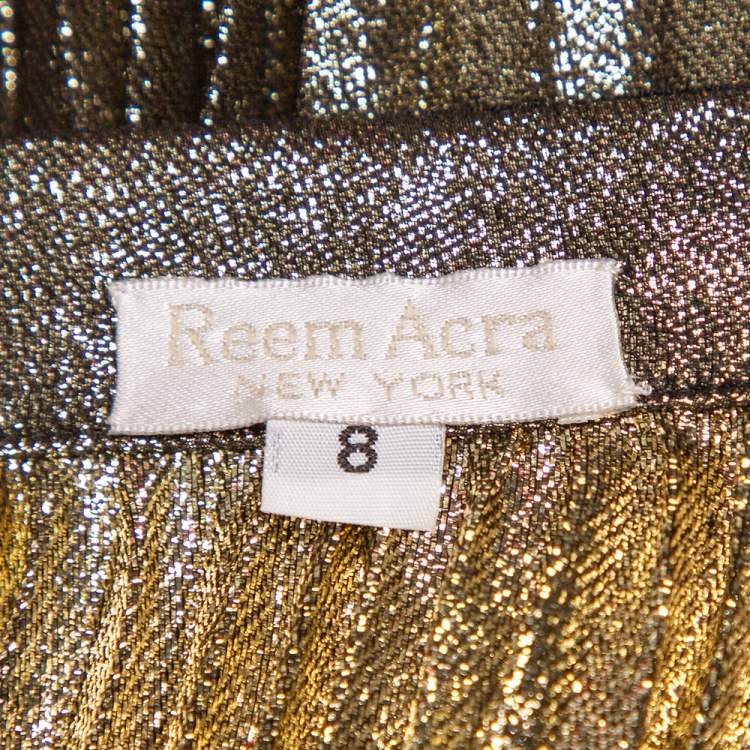Pre Owned Reem Acra Gold Lurex Silk Pleated Maxi Skirt M