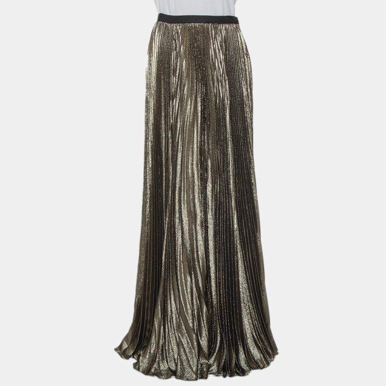 Pre Owned Reem Acra Gold Lurex Silk Pleated Maxi Skirt M
