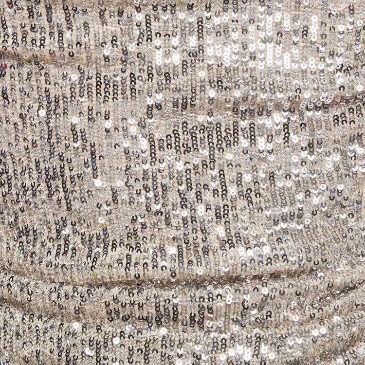 Pre Owned Reem Acra Silver Sequin Ruche Strapless Mini Dress L