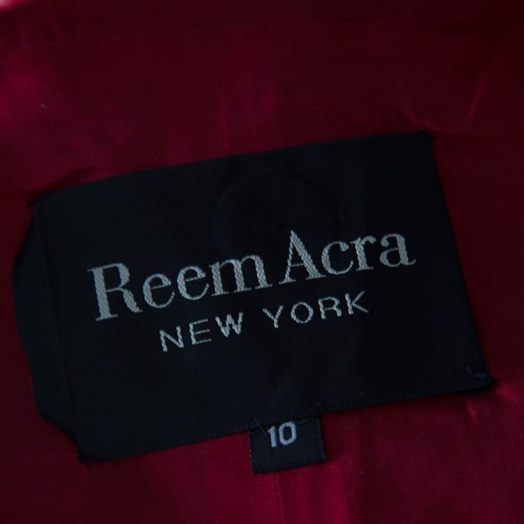 Pre Owned Reem Acra Red Silk Floral Applique Bodice Detail Embellished Gown L