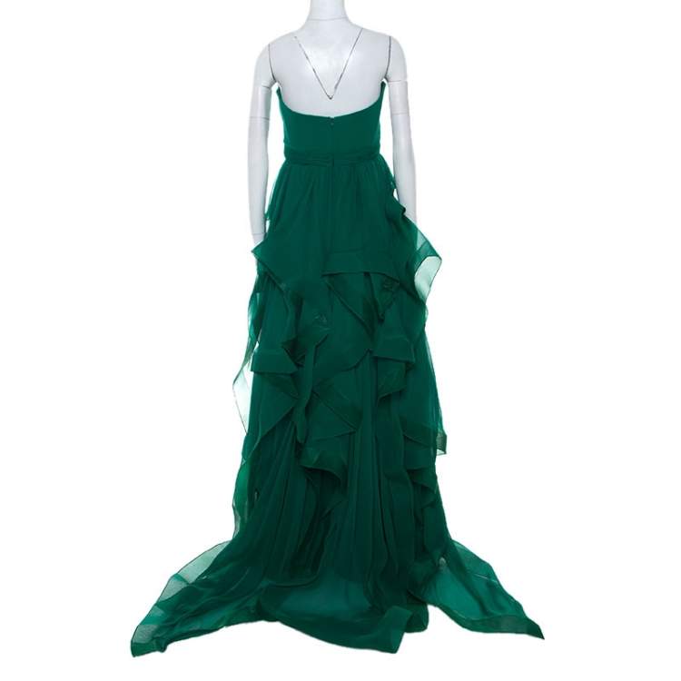 Pre Owned Reem Acra Green Chiffon Silk Layered Ruffle Strapless Gown M 