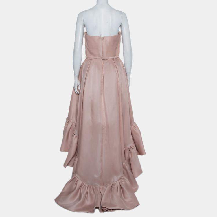 Pre Owned Reem Acra Pink Silk Ruffled Asymmetric Hem Strapless Gown M