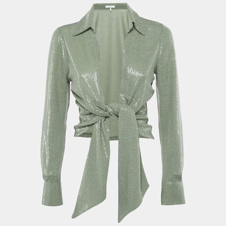 Pre Owned Reiss Green Sequin Jersey Tie-Up Detail Liana Crop Top S