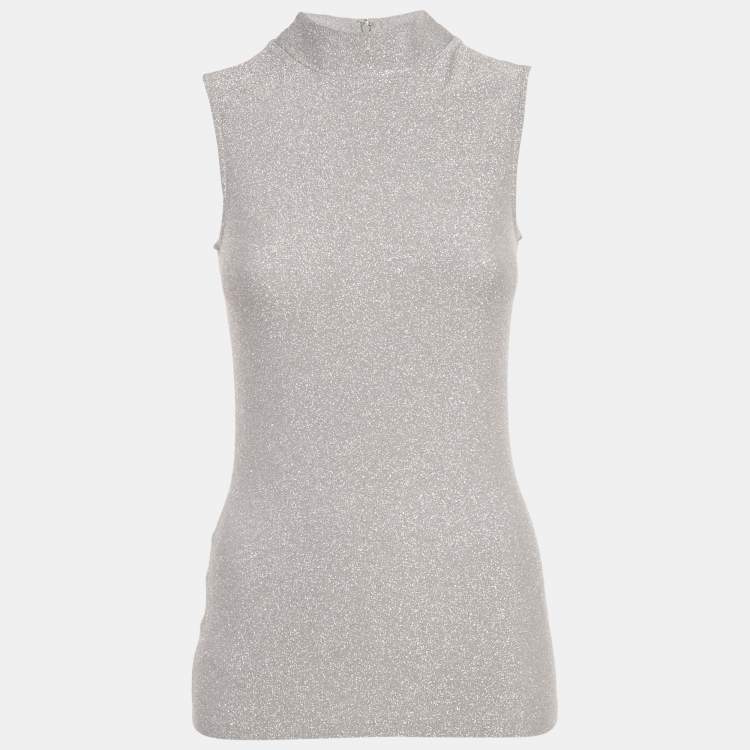 Pre Owned Reiss Silver Lurex Knit High Neck Aries Top XS 