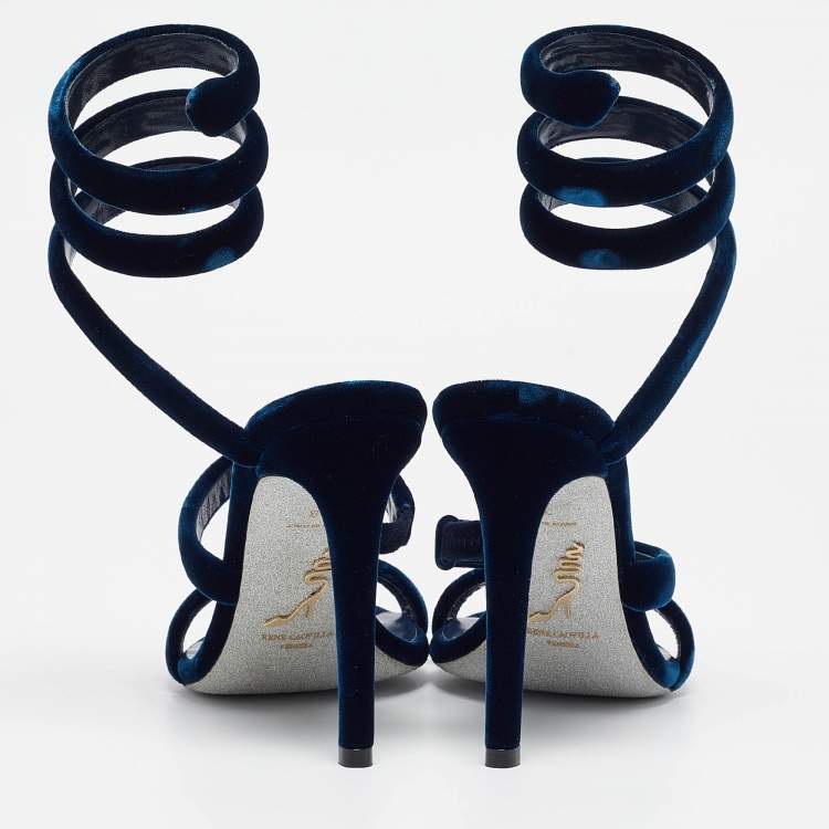 Pre Owned René Caovilla Navy Blue Velvet Cleo Ankle Wrap Sandals Size 38