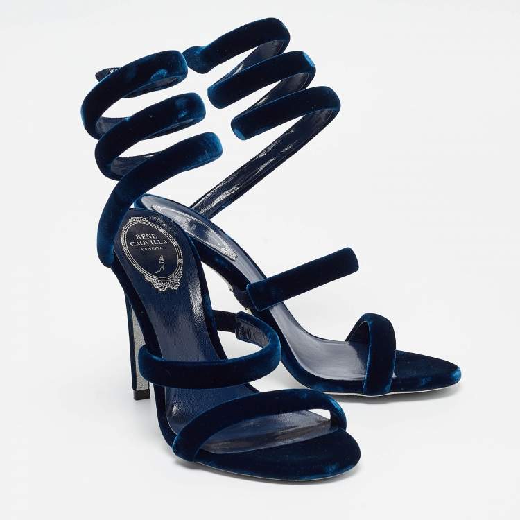 Pre Owned René Caovilla Navy Blue Velvet Cleo Ankle Wrap Sandals Size 38