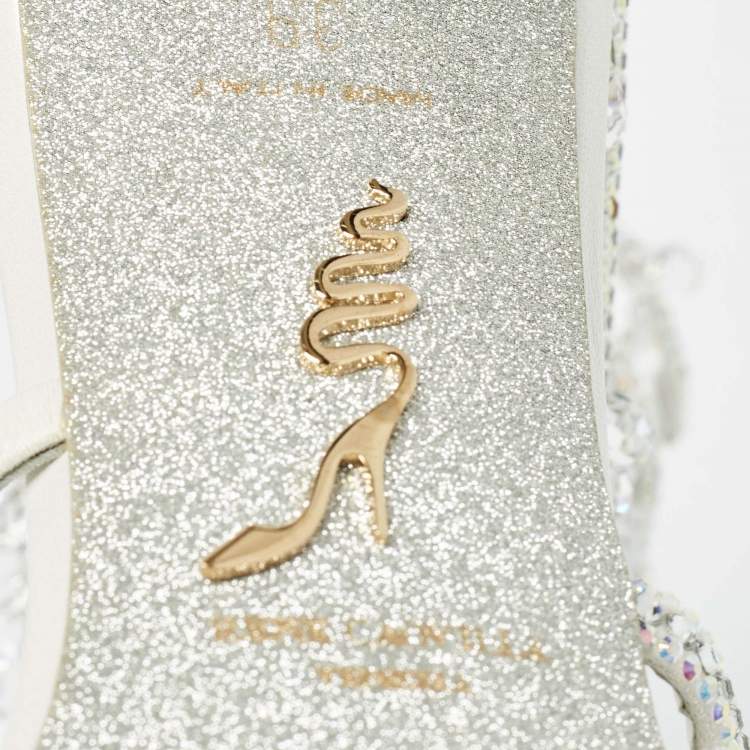 Pre Owned Rene Caovilla White Satin Crystal Embellished Chandelier Sandals Size 39