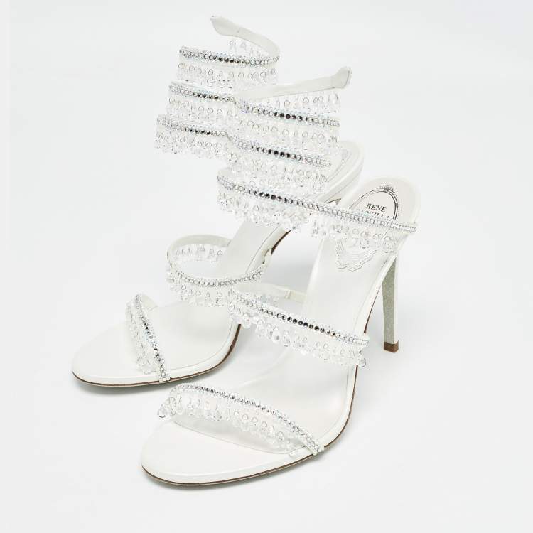 Pre Owned Rene Caovilla White Satin Crystal Embellished Chandelier Sandals Size 39