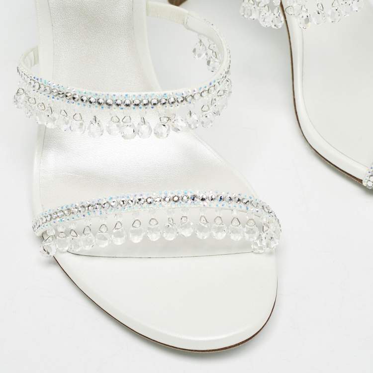 Pre Owned Rene Caovilla White Satin Crystal Embellished Chandelier Sandals Size 39