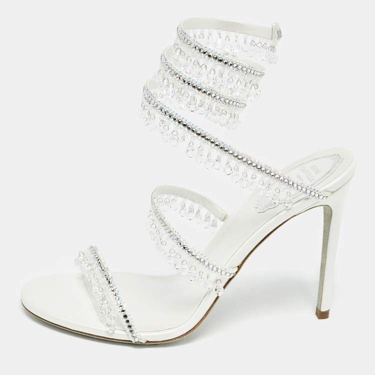 Pre Owned Rene Caovilla White Satin Crystal Embellished Chandelier Sandals Size 39