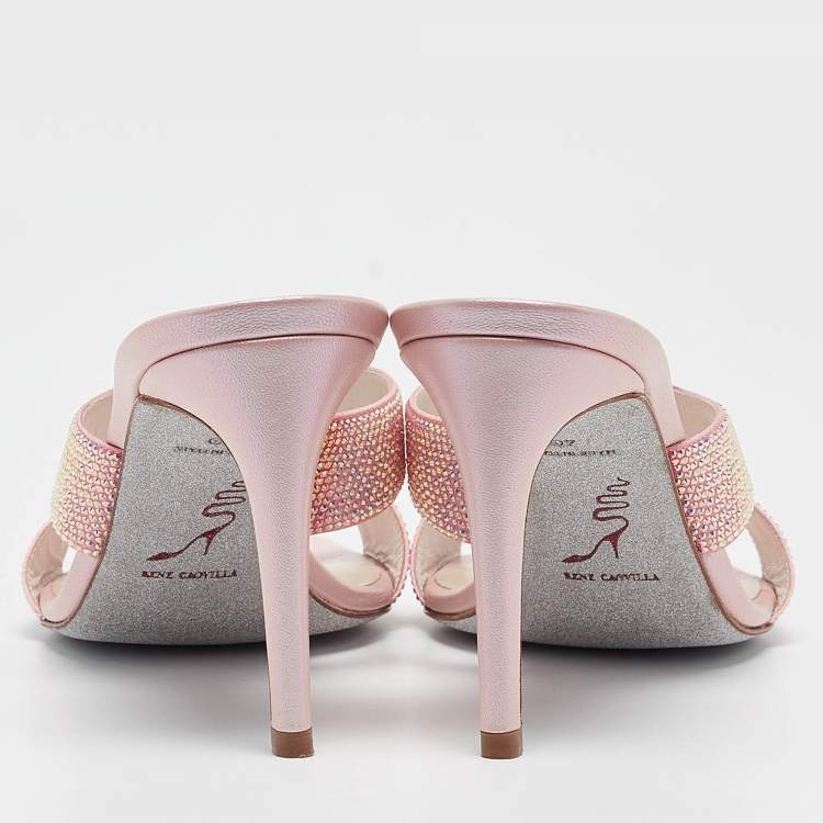 Pre Owned René Caovilla Pink Crystal Embellished Satin Slide Sandals Size 40