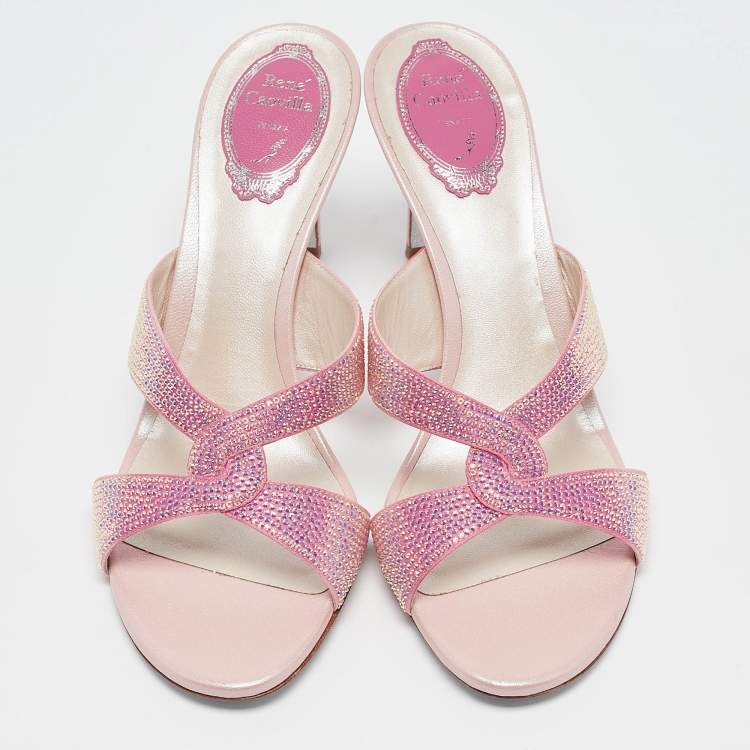 Pre Owned René Caovilla Pink Crystal Embellished Satin Slide Sandals Size 40
