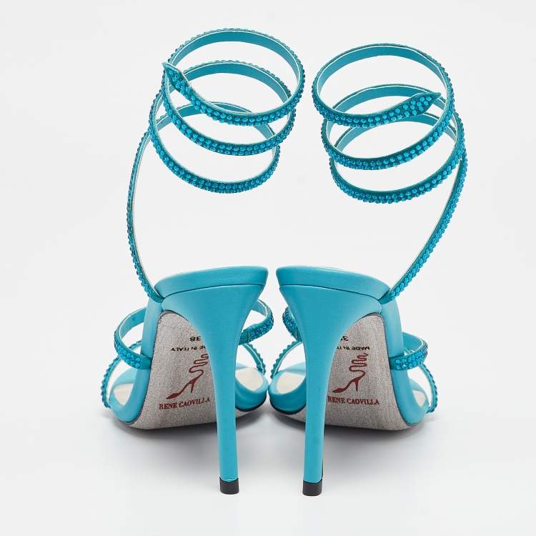 Pre Owned René Caovilla Blue Leather Cleo Ankle Strap Sandals Size 38