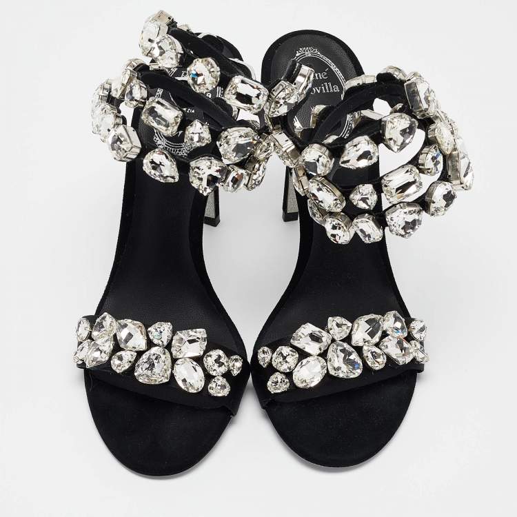 Pre Owned René Caovilla Black Suede Crystal Embellished Ankle Strap Sandals Size 38
