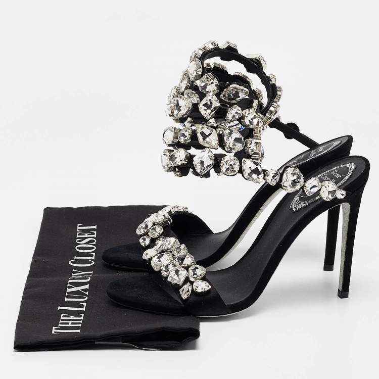 Pre Owned René Caovilla Black Suede Crystal Embellished Ankle Strap Sandals Size 38