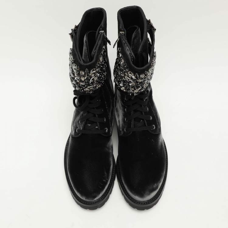 Pre Owned René Caovilla Black Velvet Embellished Ankle Length Boots Size 38
