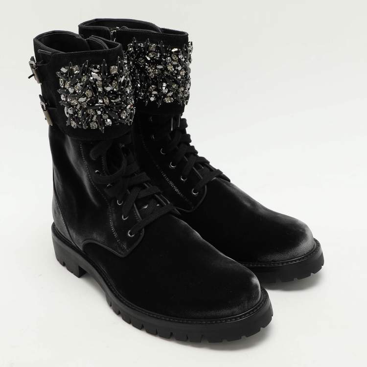 Pre Owned René Caovilla Black Velvet Embellished Ankle Length Boots Size 38