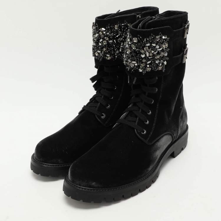 Pre Owned René Caovilla Black Velvet Embellished Ankle Length Boots Size 38