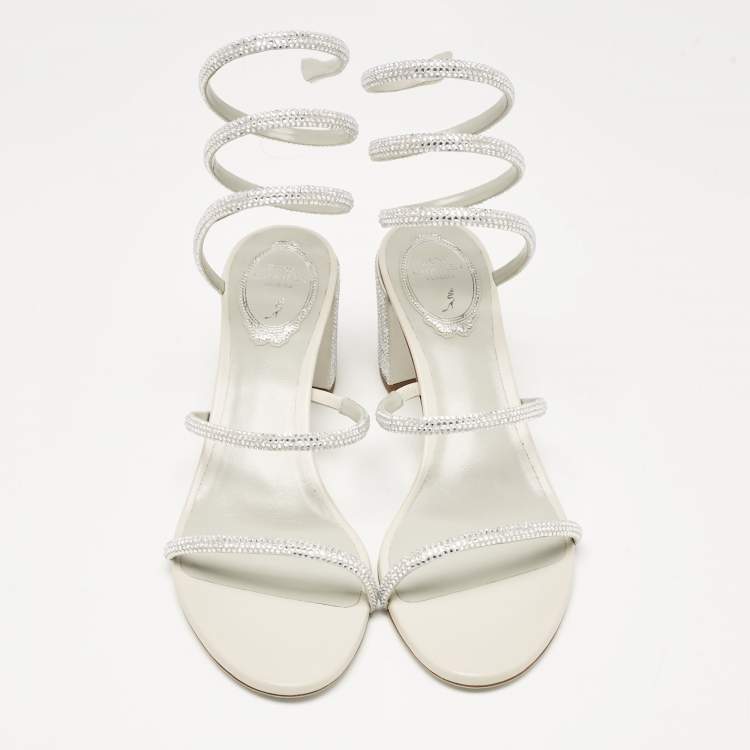Pre Owned René Caovilla Silver Crystal Embellished Satin Cleo Sandals Size 39