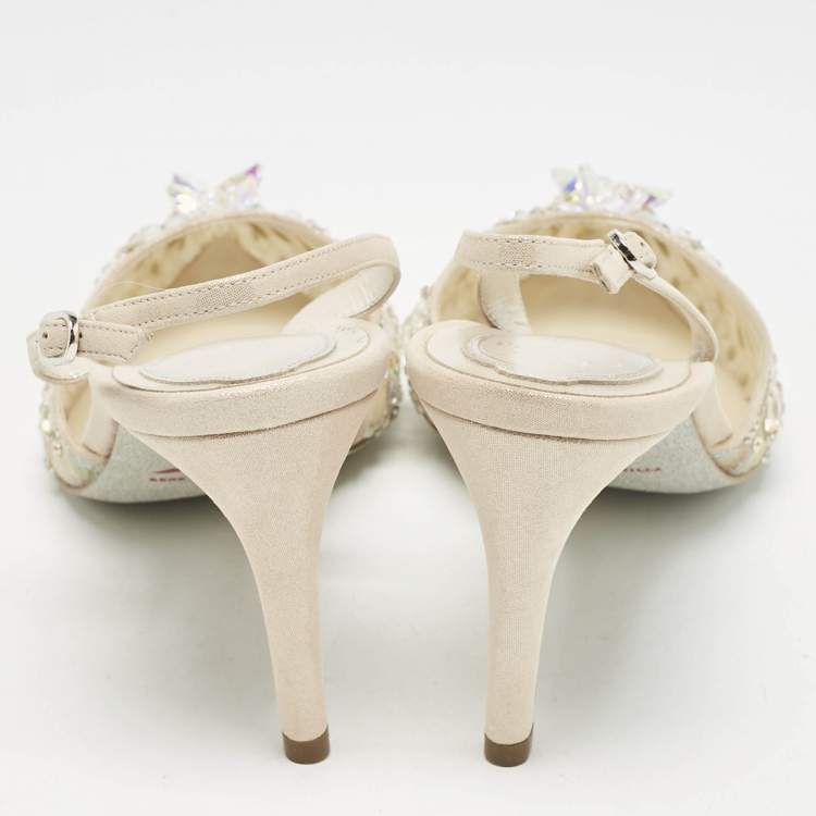 Pre Owned René Caovilla Beige/Silver Mesh Jeweled Cinderella Slingback Pumps Size 38