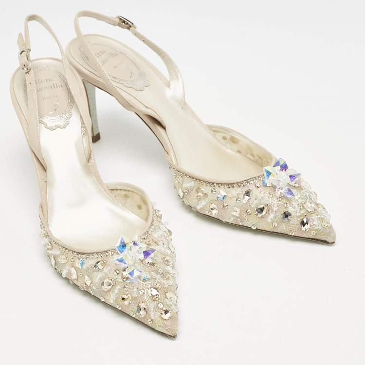 Pre Owned René Caovilla Beige/Silver Mesh Jeweled Cinderella Slingback Pumps Size 38
