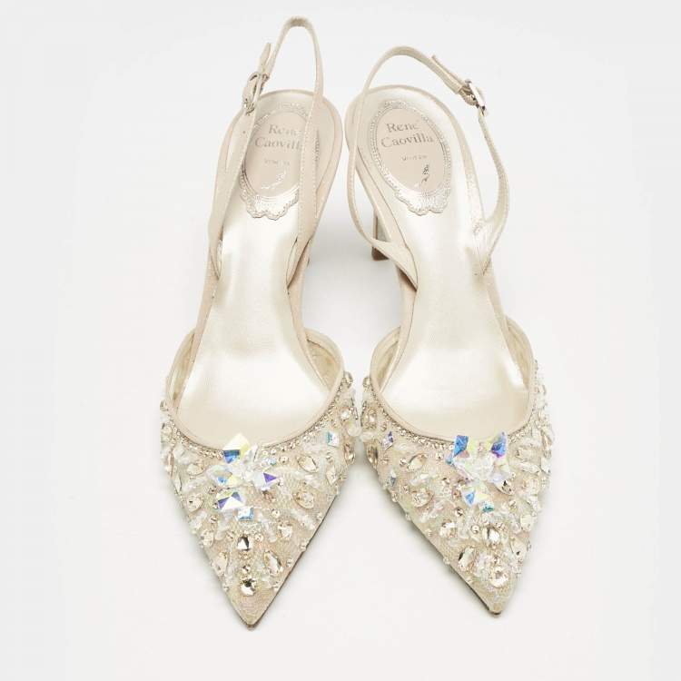 Pre Owned René Caovilla Beige/Silver Mesh Jeweled Cinderella Slingback Pumps Size 38