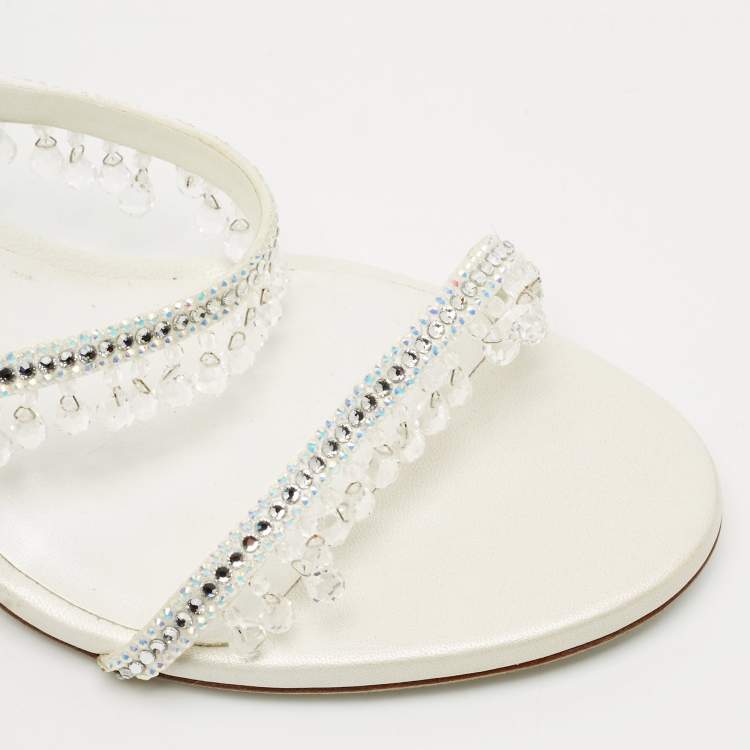 Pre Owned René Caovilla Cream  Leather Crystal Embellished Ankle Wrap Sandals Size 38