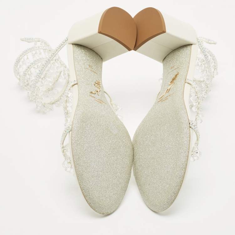 Pre Owned René Caovilla Cream  Leather Crystal Embellished Ankle Wrap Sandals Size 38