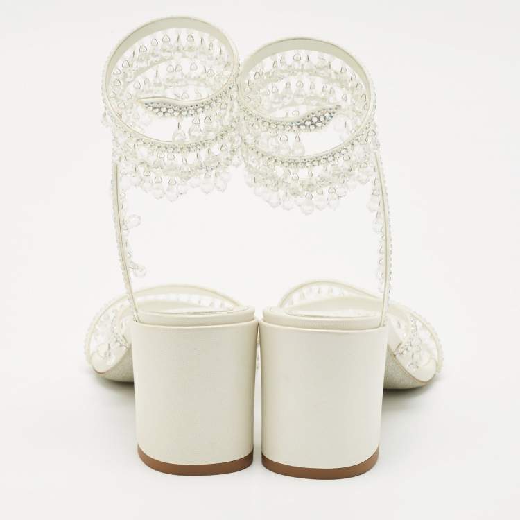 Pre Owned René Caovilla Cream  Leather Crystal Embellished Ankle Wrap Sandals Size 38