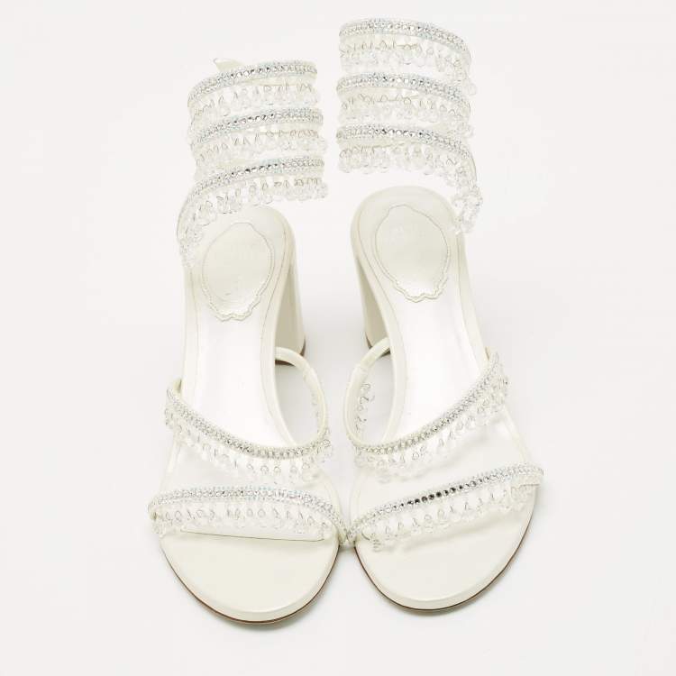 Pre Owned René Caovilla Cream  Leather Crystal Embellished Ankle Wrap Sandals Size 38
