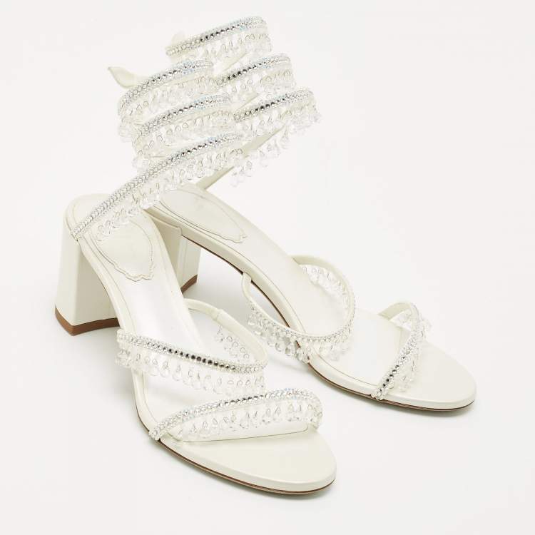 Pre Owned René Caovilla Cream  Leather Crystal Embellished Ankle Wrap Sandals Size 38