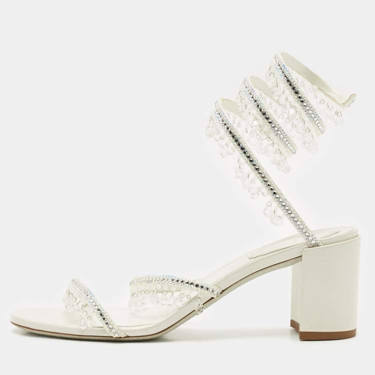 Pre Owned René Caovilla Cream  Leather Crystal Embellished Ankle Wrap Sandals Size 38