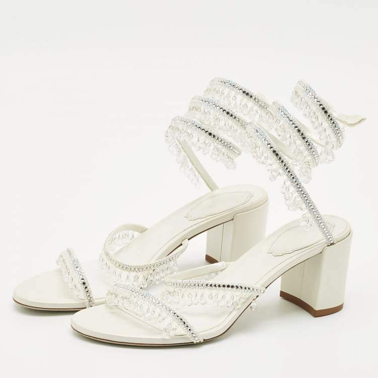 Pre Owned René Caovilla Cream  Leather Crystal Embellished Ankle Wrap Sandals Size 38