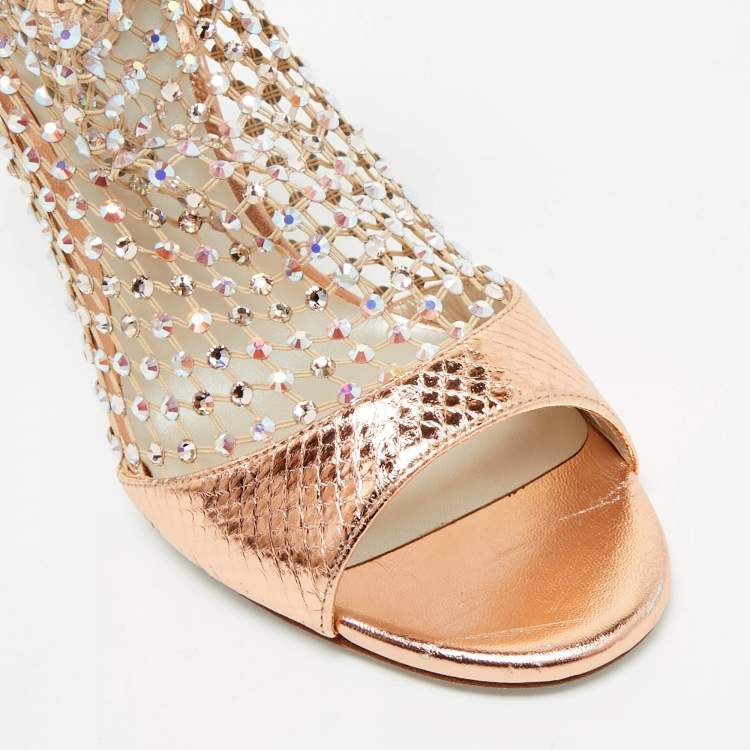 Rene Caovilla Gold Snake Embossed and Mesh Crystal Embellished Galaxia Sandals Size 38