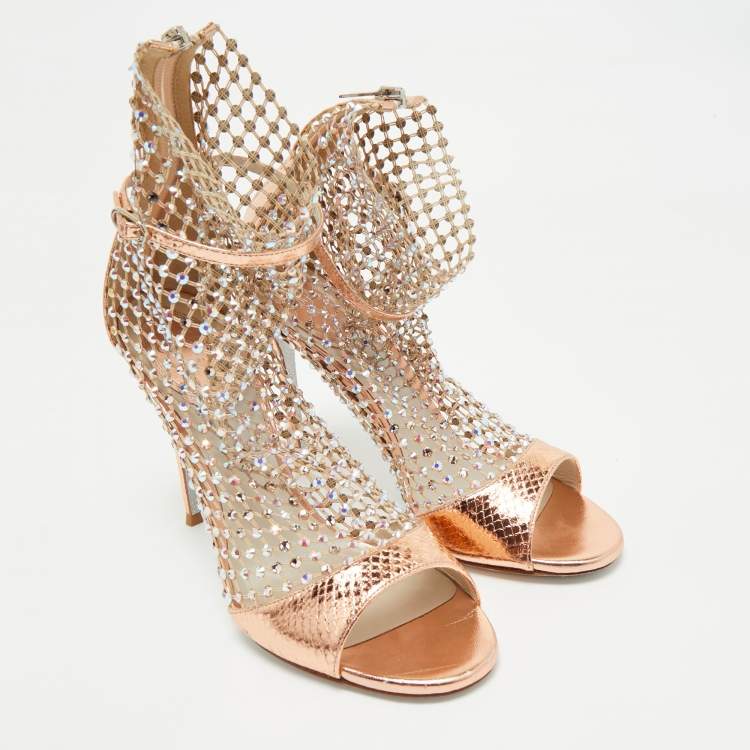 Rene Caovilla Gold Snake Embossed and Mesh Crystal Embellished Galaxia Sandals Size 38