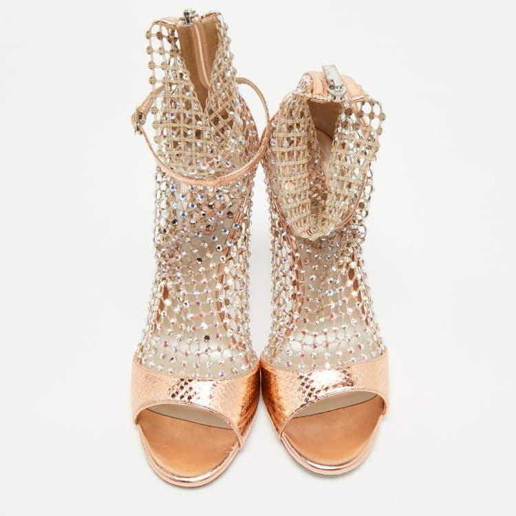 Rene Caovilla Gold Snake Embossed and Mesh Crystal Embellished Galaxia Sandals Size 38