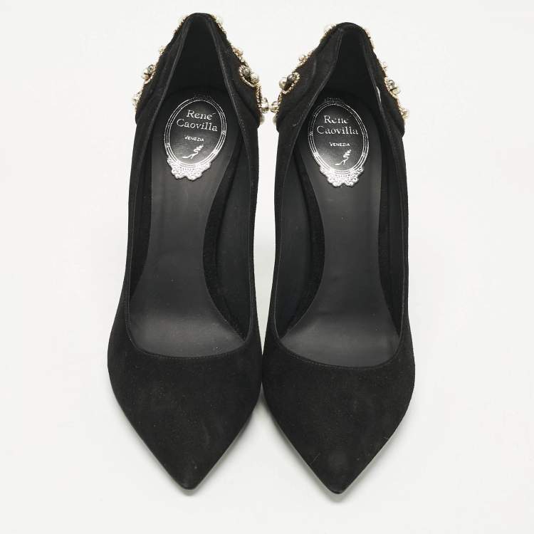 Pre Owned Ren�é Caovilla Black Suede Crystal and Pearls Embellished Pumps Size 40
