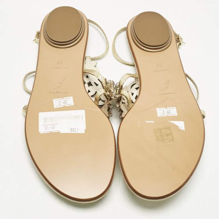 Pre Owned René Caovilla Gold Karung Leather Crystal Embellished Flat Sandals Size 39