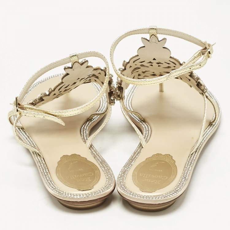 Pre Owned René Caovilla Gold Karung Leather Crystal Embellished Flat Sandals Size 39