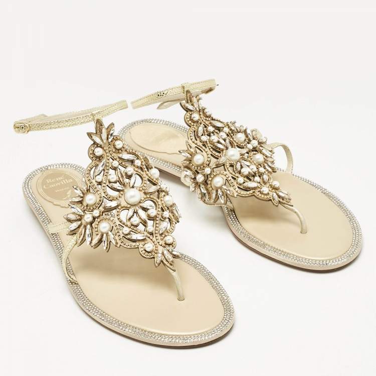 Pre Owned René Caovilla Gold Karung Leather Crystal Embellished Flat Sandals Size 39