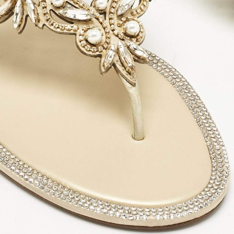 Pre Owned René Caovilla Gold Karung Leather Crystal Embellished Flat Sandals Size 39