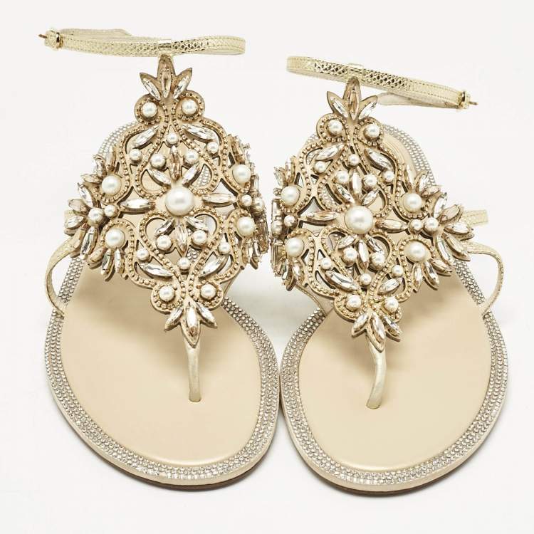 Pre Owned René Caovilla Gold Karung Leather Crystal Embellished Flat Sandals Size 39