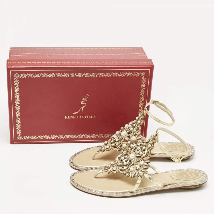 Pre Owned René Caovilla Gold Karung Leather Crystal Embellished Flat Sandals Size 39