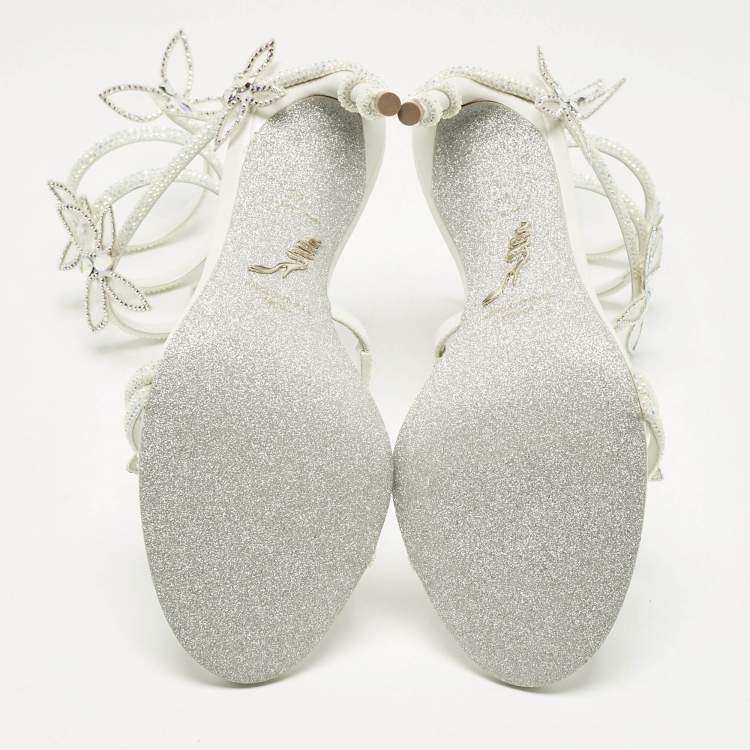 Pre Owned René Caovilla White Satin Crystal Embellished Margot Sandals Size 38