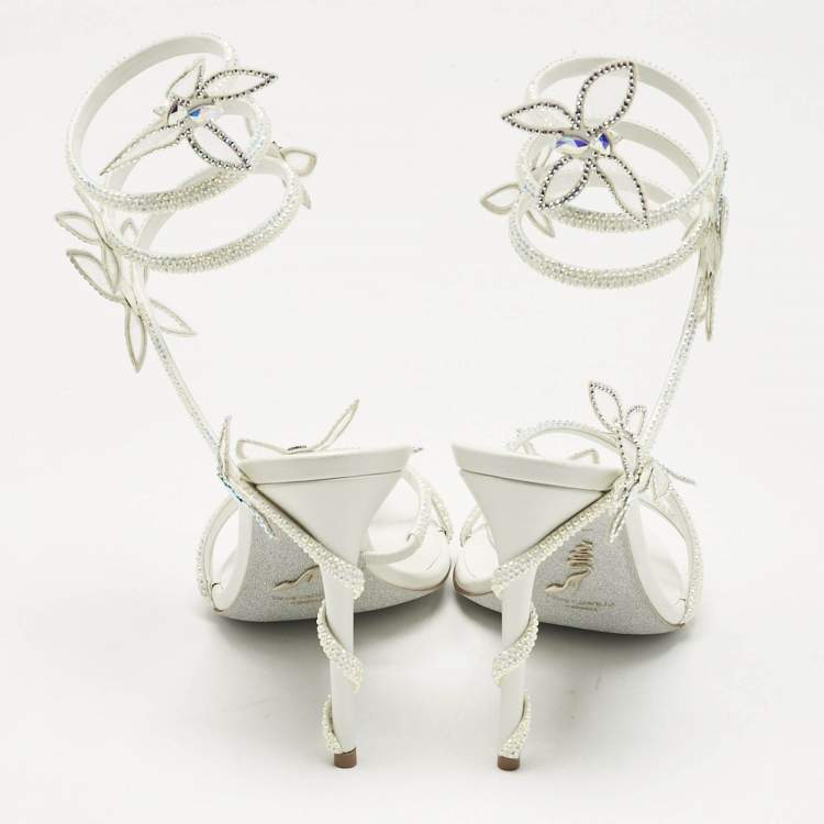 Pre Owned René Caovilla White Satin Crystal Embellished Margot Sandals Size 38